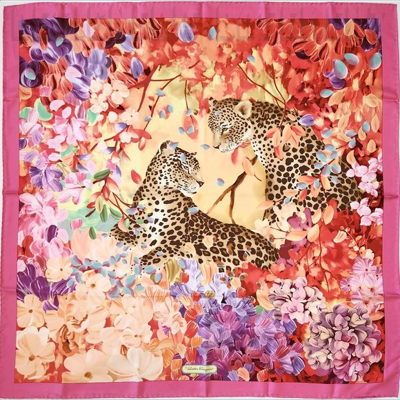 Salvatore Ferragamo Accessories - SALVATORE FERRAGAMO pink LEOPARDS painted Flower GARDEN silk scarf NWT+envelope